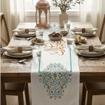 Mavi Turuncu Motifli Ramazan Temalı Dijital Baskılı Runner 4kMBS332-RN