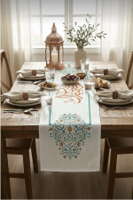 Mavi Turuncu Motifli Ramazan Temalı Dijital Baskılı Runner 4kMBS332-RN