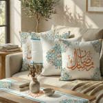 Mavi Turuncu Motifli Ramazan Temalı 4'lü Kırlent Kılıfı 1 Runner Seti 4kMBS332-RS