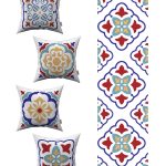 Kırmızı Mavi Modern Etnik Karo Desenli 4'lü Kırlent Kılıfı 1 Runner Seti 4kmbs99-RS-03