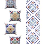 Kırmızı Mavi Modern Etnik Karo Desenli 4'lü Kırlent Kılıfı 1 Runner Seti 4kmbs99-RS-04
