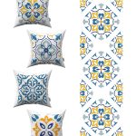 Beyaz Mavi Modern Etnik Karo Desenli 4'lü Kırlent Kılıfı 1 Runner Seti 4kmbs100-RS-03