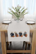Lacivert Turuncu Modern Tarz Yaprak Desenli Dijital Baskılı Runner 4kmbs116-RN - Görsel 2