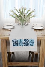 Mavi Beyaz Dekoratif Modern Yaprak Desenli Dijital Baskılı Runner 4kmbs125-RN - Görsel 2