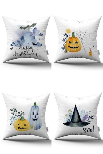 Turuncu Halloween Balkabağı Desenli Dijital Baskılı Kırlent Kılıfı Seti 4kmbs129