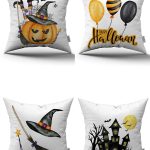 Turuncu Halloween Balkabağı Desenli Dijital Baskılı Kırlent Kılıfı Seti 4kmbs130
