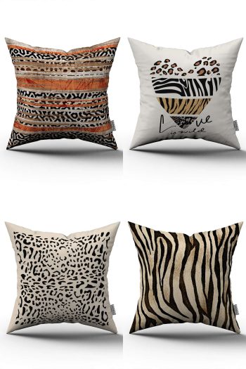 Modern Leopar Zebra Desenli Dijital Baskılı Kırlent Kılıfı Seti 4kmbs200 Kahverengi Turuncu