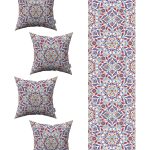 Kırmızı Mavi Etnik Lale Motif Desenli 4'lü Kırlent Kılıfı 1 Runner Seti 4kmbs223-RS