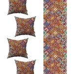 Turuncu Retro Vintage Desenli  4'lü Kırlent Kılıfı 1 Runner Seti 4kmbs224-RS