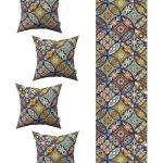 Mavi Retro Vintage Desenli 4'lü Kırlent Kılıfı 1 Runner Seti 4kmbs225-RS