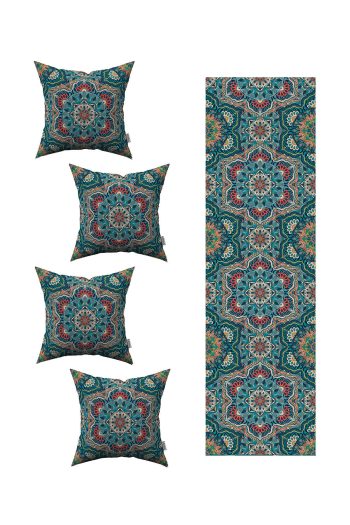 Yeşil Turuncu Retro Vintage Desenli 4'lü Kırlent Kılıfı 1 Runner Seti 4kmbs241-RS