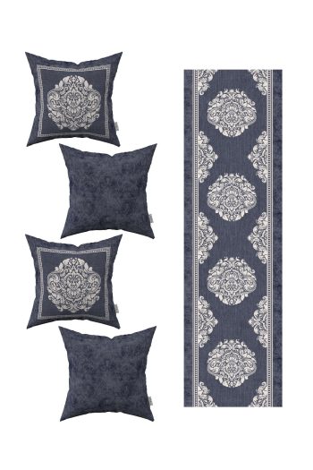 Mavi Beyaz Dekoratif Damask Desenli 4'lü Kırlent Kılıfı 1 Runner Seti 4kmbs251-RS