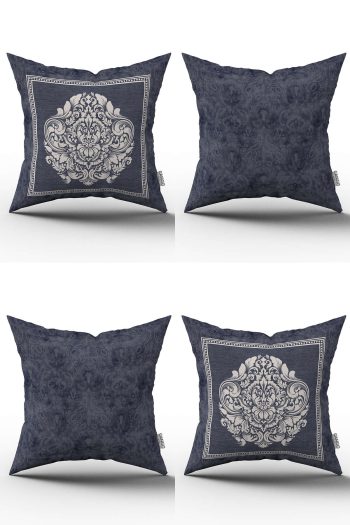 Mavi Beyaz Dekoratif Damask Desenli 4'lü Dijital Baskılı Kırlent Kılıfı Seti - 4kmbs251