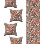 Kırmızı Mavi Goblen Motif Desenli Dijital Baskılı 4'lü Kırlent Kılıfı 1 Runner Seti 4kmbs325-RS