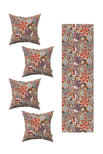 Kırmızı Mavi Goblen Motif Desenli Dijital Baskılı 4'lü Kırlent Kılıfı 1 Runner Seti 4kmbs325-RS