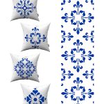 Beyaz Mavi Modern Etnik Karo Desenli 4'lü Kırlent Kılıfı 1 Runner Seti 4kmbs98-RS-02
