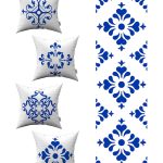 Beyaz Mavi Modern Etnik Karo Desenli 4'lü Kırlent Kılıfı 1 Runner Seti 4kmbs98-RS-04