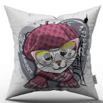 Pembe Beyaz Çocuk Kedi Desenli Kırlent Yastık Kılıfı - CGH024