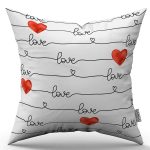 Beyaz Kırmızı Love Yazılı Kalp Desenli Dijital Baskılı Kırlent Kılıfı CGH1004