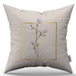 Krem Love Yazılı Çiçek Desenli Baskılı Kırlent Kılıfı CGH1010