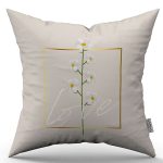 Krem Love Yazılı Çiçek Desenli Dijital Baskılı Kırlent Kılıfı CGH1012