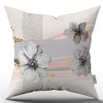 Gri Pembe Modern Çiçek Desenli Dijital Baskılı Kırlent Kılıfı CGH1085
