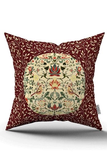 Çift Taraflı Bordo Çiçek Motifli Kuş Desenli Dijital Baskılı Kırlent Yastık Kılıf CGH1352-CT