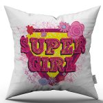 Beyaz Pembe Super Girl Yazılı Dijital Baskı Kırlent Yastık Kılıfı - CGH428