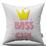 Beyaz Pembe Boss Girl Yazılı Dijital Baskı Kırlent Yastık Kılıfı - CGH445