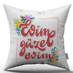 Beyaz Kırmızı Evim Güzel Evim Yazılı Dijital Baskı Kırlent Yastık Kılıfı - CGH458