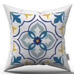 Beyaz Mavi Modern Etnik Karo Desenli Dijital Baskılı Kırlent Kılıfı CGH562