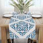 Beyaz Mavi Modern Etnik Karo Desenli Dijital Baskılı Runner CGH563-RN
