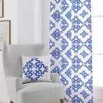Beyaz Mavi Modern Etnik Karo Desenli Dijital Baskılı Perde CGH566-PR