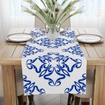 Beyaz Mavi Modern Etnik Karo Desenli Dijital Baskılı Runner CGH566-RN