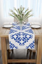 Beyaz Mavi Modern Etnik Karo Desenli Dijital Baskılı Runner CGH566-RN