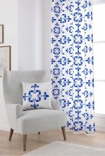 Beyaz Mavi Modern Etnik Karo Desenli Dijital Baskılı Perde CGH567-PR
