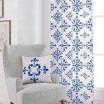 Beyaz Mavi Modern Etnik Karo Desenli Dijital Baskılı Perde CGH568-PR