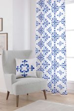 Beyaz Mavi Modern Etnik Karo Desenli Dijital Baskılı Perde CGH568-PR