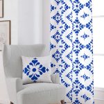 Beyaz Mavi Modern Etnik Karo Desenli Dijital Baskılı Perde CGH569-PR