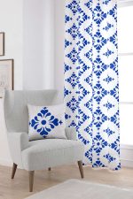 Beyaz Mavi Modern Etnik Karo Desenli Dijital Baskılı Perde CGH569-PR