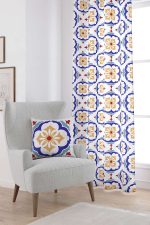 Beyaz Mavi Modern Etnik Karo Desenli Dijital Baskılı Perde CGH571-PR