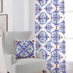 Beyaz Mavi Modern Etnik Karo Desenli Dijital Baskılı Perde CGH574-PR