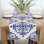 Beyaz Mavi Modern Etnik Karo Desenli Dijital Baskılı Runner CGH574-RN
