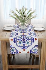 Beyaz Mavi Modern Etnik Karo Desenli Dijital Baskılı Runner CGH574-RN