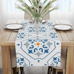 Beyaz Mavi Modern Etnik Karo Desenli Dijital Baskılı Runner CGH575-RN