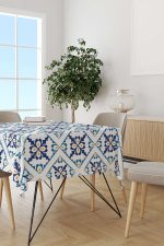 Beyaz Mavi Modern Etnik Karo Desenli Dijital Baskılı Masaörtüsü CGH576-MS - Görsel 2