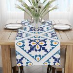 Beyaz Mavi Modern Etnik Karo Desenli Dijital Baskılı Runner CGH576-RN