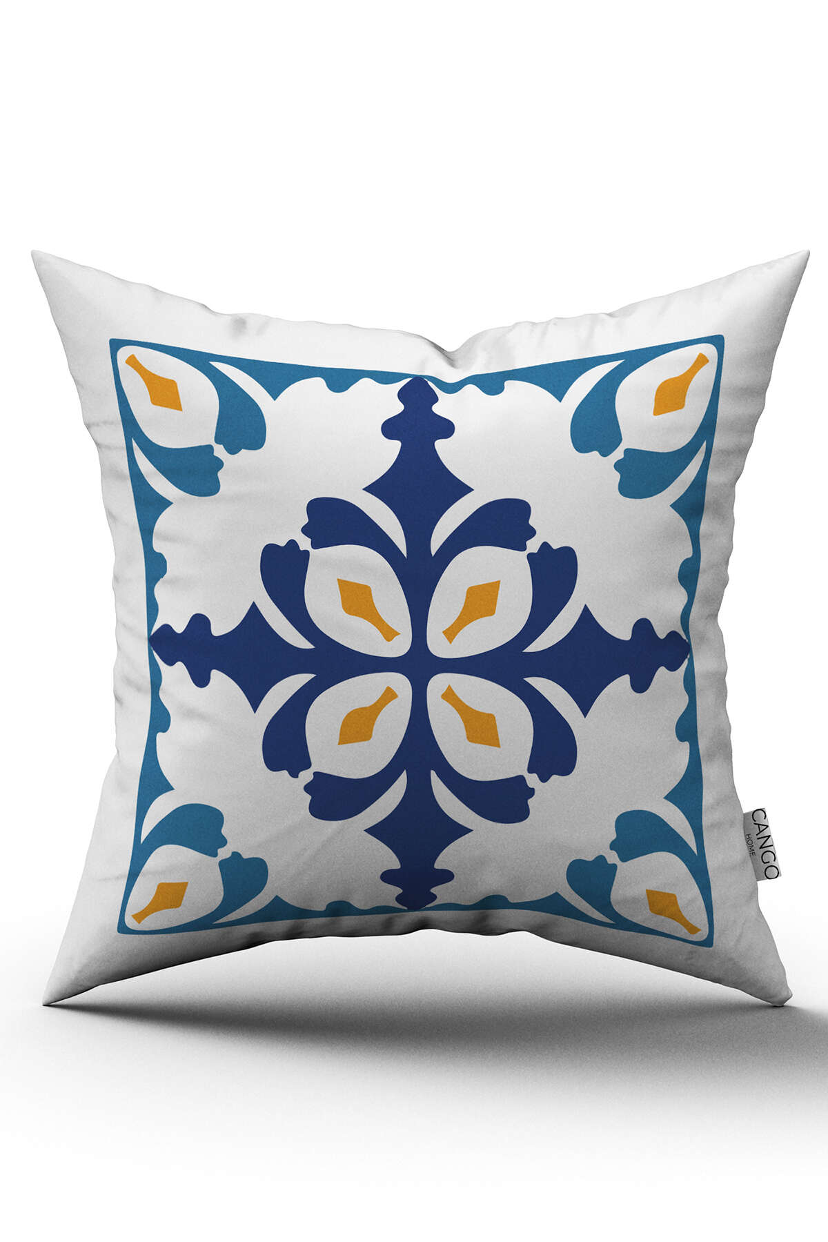 CGH576_01 Beyaz Mavi Modern Etnik Karo Desenli Dijital Baskılı Kırlent Kılıfı - Görsel 1