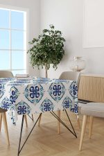 Beyaz Mavi Modern Etnik Karo Desenli Dijital Baskılı Masaörtüsü CGH577-MS - Görsel 2