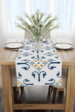 Beyaz Mavi Modern Etnik Karo Desenli Dijital Baskılı Runner CGH579-RN